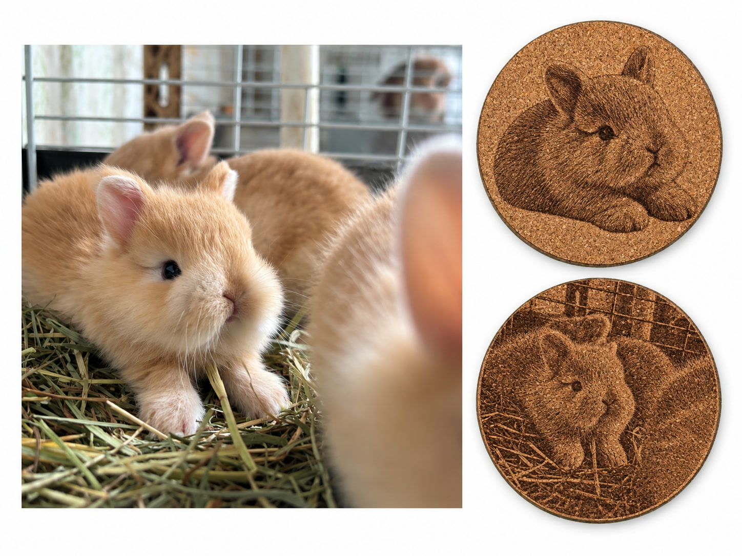 うさぎの写真と写真からレーザー彫刻した木製コースター