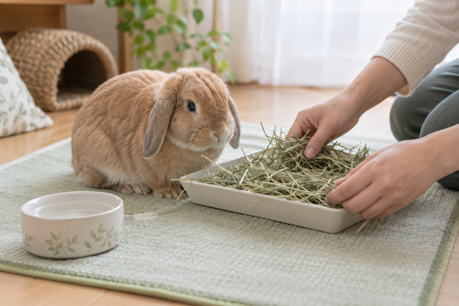 うさぎのそばで牧草を補充するシッターの手元。顔を写さないAI生成のイメージ画像