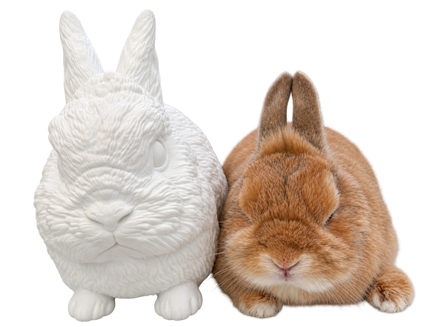 実物の立ち耳うさぎと3Dプリントフィギュア