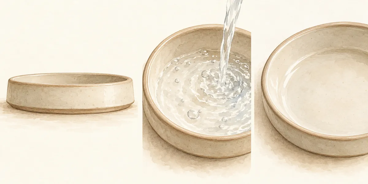 浅い縁・広い底・洗いやすい内側を描いた食器のイラスト