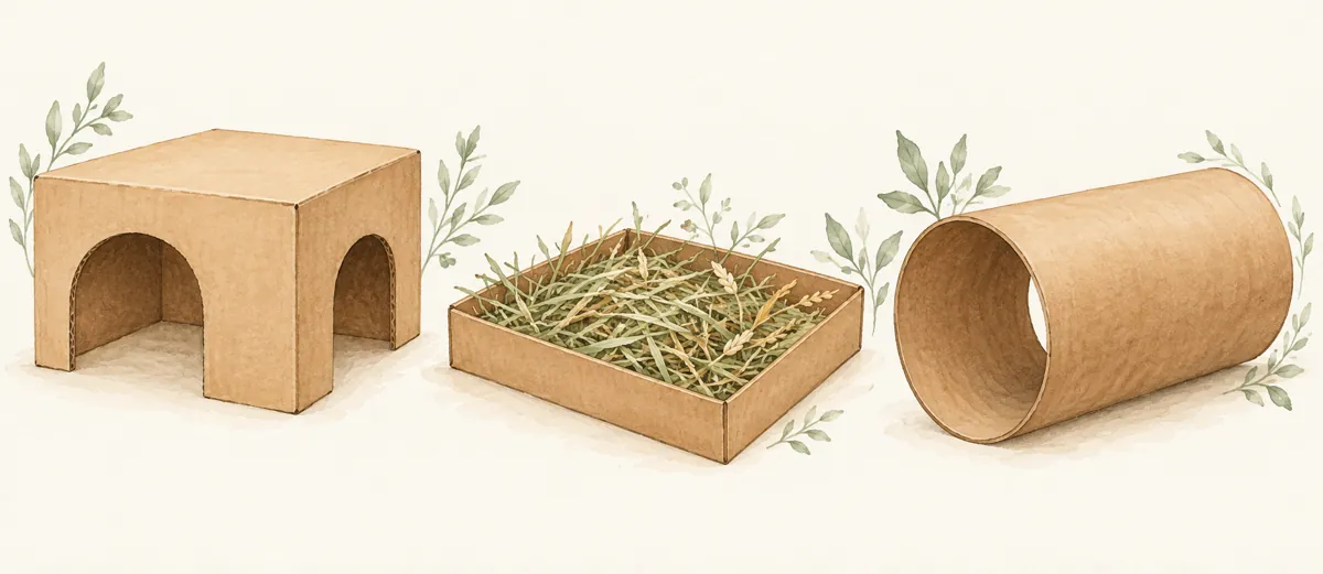 隠れ家・牧草を探す箱・トンネルを分けて描いたイラスト